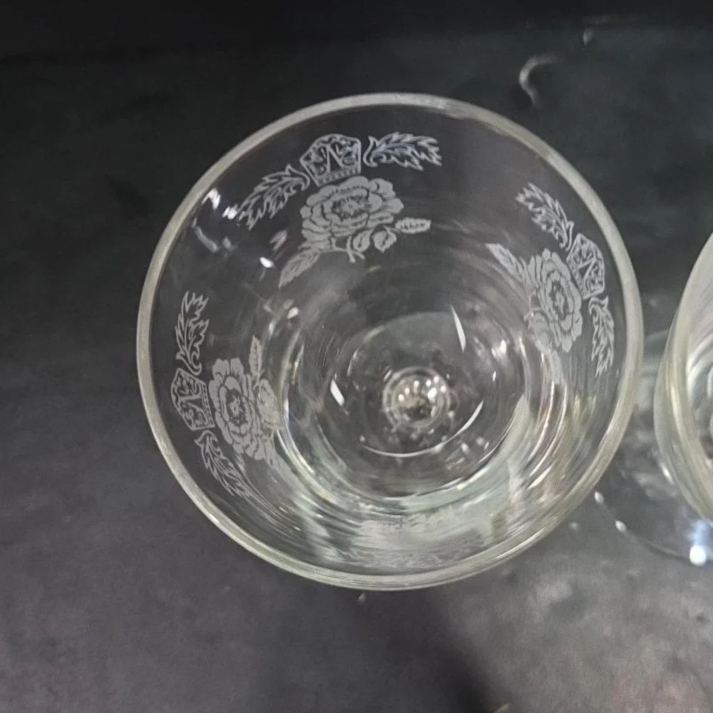 Libbey White Rose Cordials,‎ Set of 2, Etched Crown Sherry Glasses, Vtg Stemware